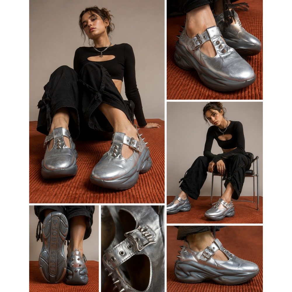 John Fluevog Platform Shoes Women's Size 10 Silver Good Spiked T-Strap